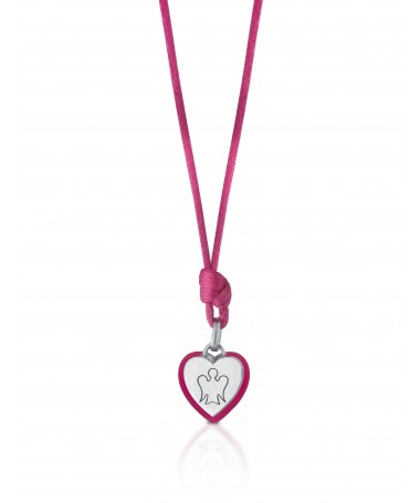 PENDENTE CUORE IN ARGENTO CON ANGELO, SMALTO FUCSIA E CORDINO IN TINTA