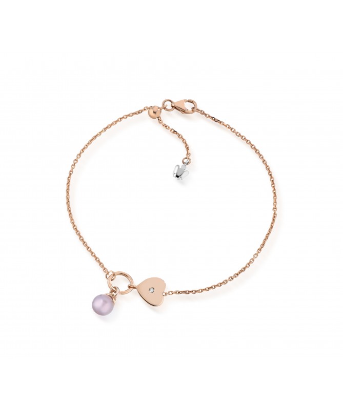 BRACCIALE CON PERLA ROSA CHARM E CUORE PASSANTE CON DIAMANTE IN ORO ROSA