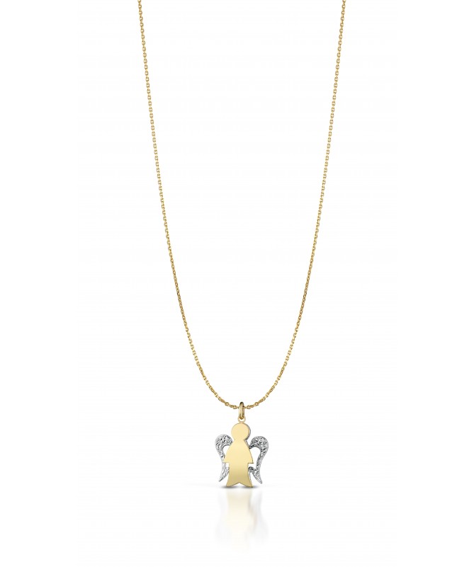 COLLANA CON PENDENTE ANGELO IN ORO GIALLO E ALI DIAMANTATE IN ORO BIANCO