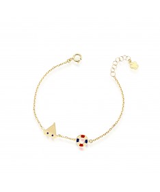 BRACCIALE BIMBO/A CON BARCA E SALVAGENTE IN ORO GIALLO, SMALTO BLU E ROSSO