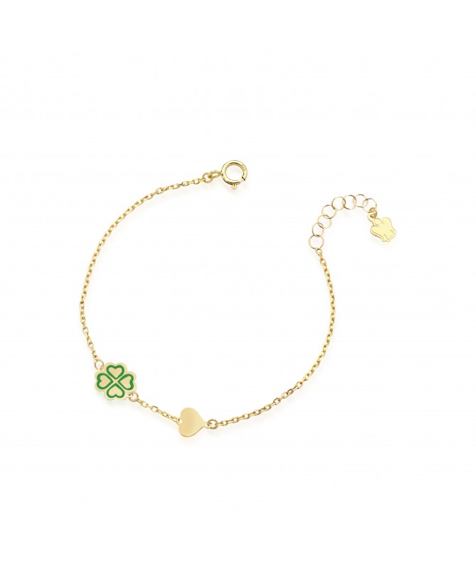 BRACCIALE BIMBO/A CON QUADRIFOGLIO IN ORO GIALLO, SMALTO VERDE E CUORE 