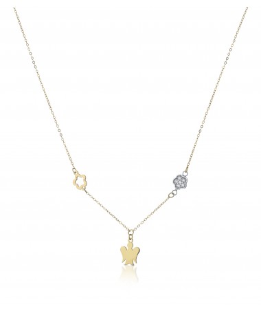 COLLANA CON ANGELO IN ORO GIALLO E FIORI IN ORO GIALLO E BIANCO CON ZIRCONI BIANCHI