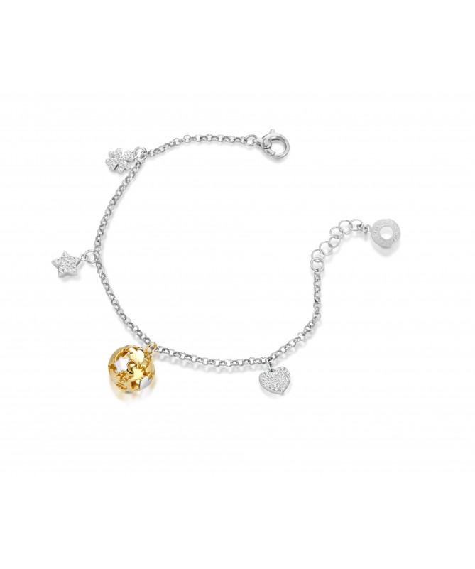 BRACCIALE CON CHIAMA ANGELI IN ARGENTO BIANCO E GIALLO E CUORE, STELLA, QUADRIFOGLIO CHARMS CON ZIRCONI BIANCHI
