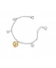 BRACCIALE CON CHIAMA ANGELI IN ARGENTO BIANCO E GIALLO E CUORE, STELLA, QUADRIFOGLIO CHARMS CON ZIRCONI BIANCHI